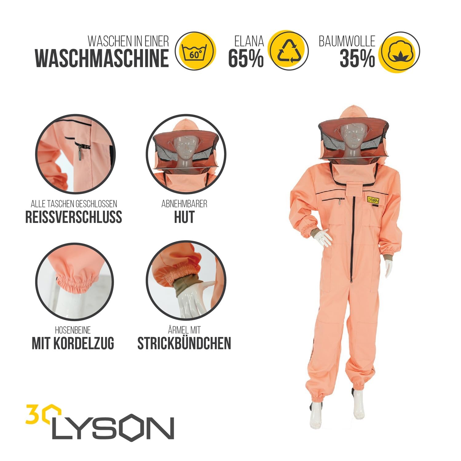 LYSON Imkeranzug mit Schleier, Bündchen an den Ärmeln und Beinen Imkeroverall Professionelle Imkerbekleidung mit abnehmbarem Hut, abnehmbarer Mütze Lachsfarbe Grösse XXL - Image 2