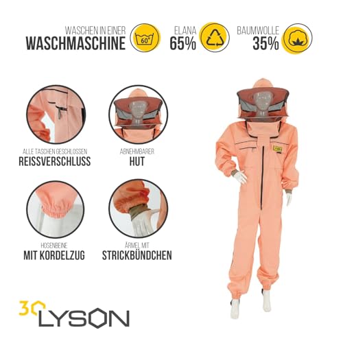 LYSON Imkeranzug mit Schleier, Bündchen an den Ärmeln und Beinen Imkeroverall Professionelle Imkerbekleidung mit abnehmbarem Hut, abnehmbarer Mütze Lachsfarbe Grösse XXL - Image 3