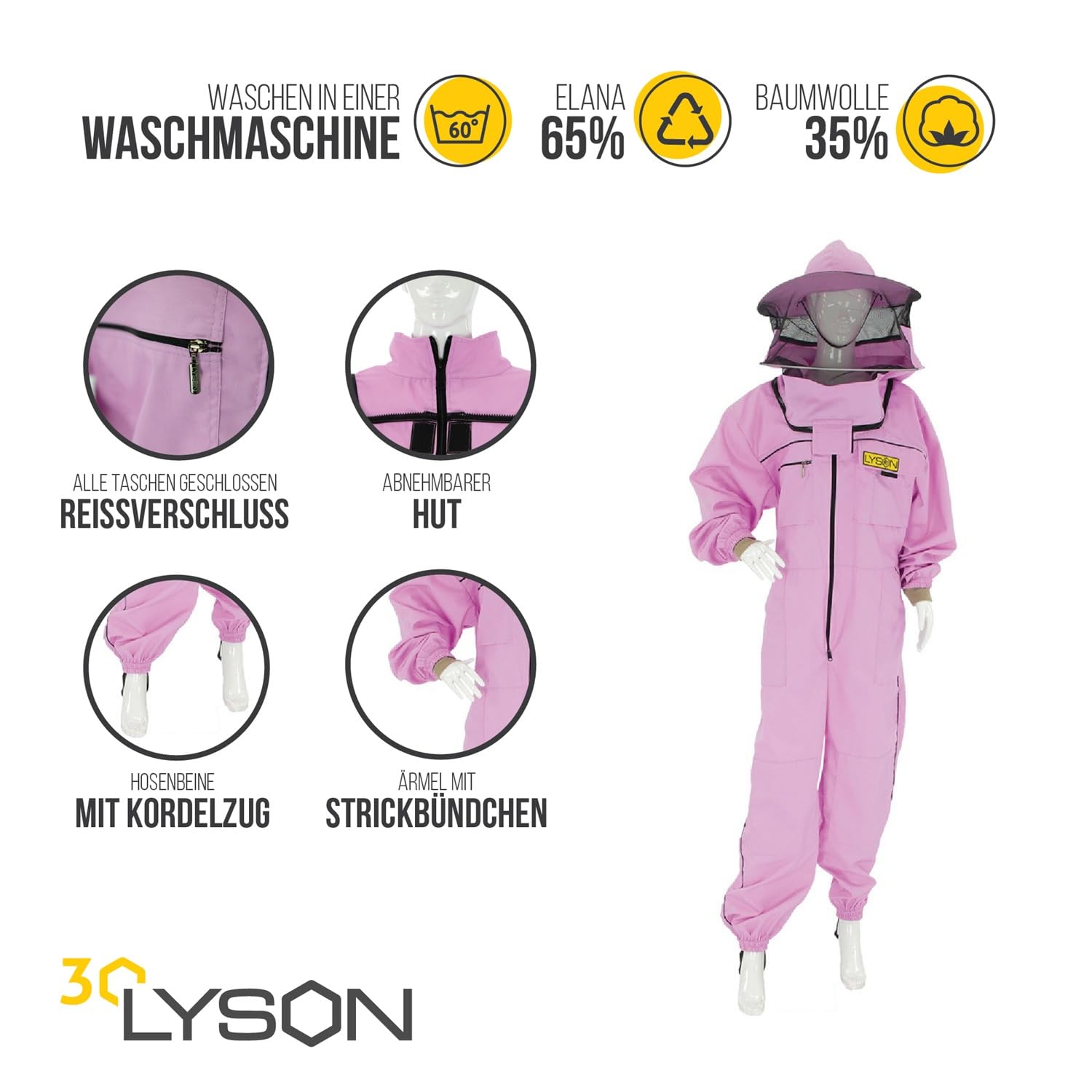 LYSON Imkeranzug mit Schleier, Bündchen an den Ärmeln und Beinen Imkeroverall Professionelle Imkerbekleidung mit abnehmbarem Hut, abnehmbarer Mütze Lilafarbe Grösse S - Image 2
