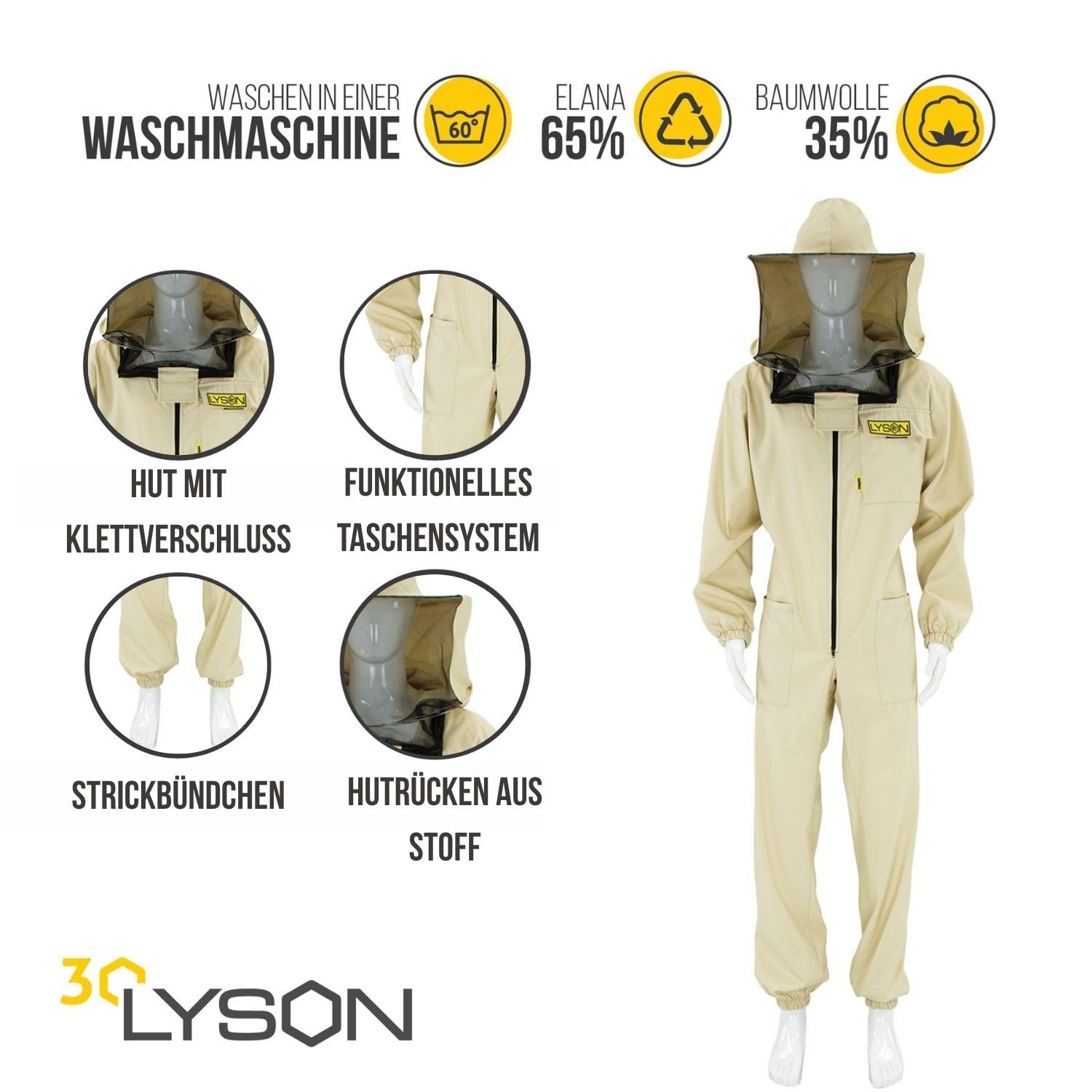 LYSON Imkeranzug mit abnehmarem Hut Rundschleier Berufsbienenanzug Imkeroverall Imkerbekleidung, schutz vor Bienen, Insekten Imkereibedarf Grösse (S-XXXL) Optima Line Imkerzubehör - Image 2