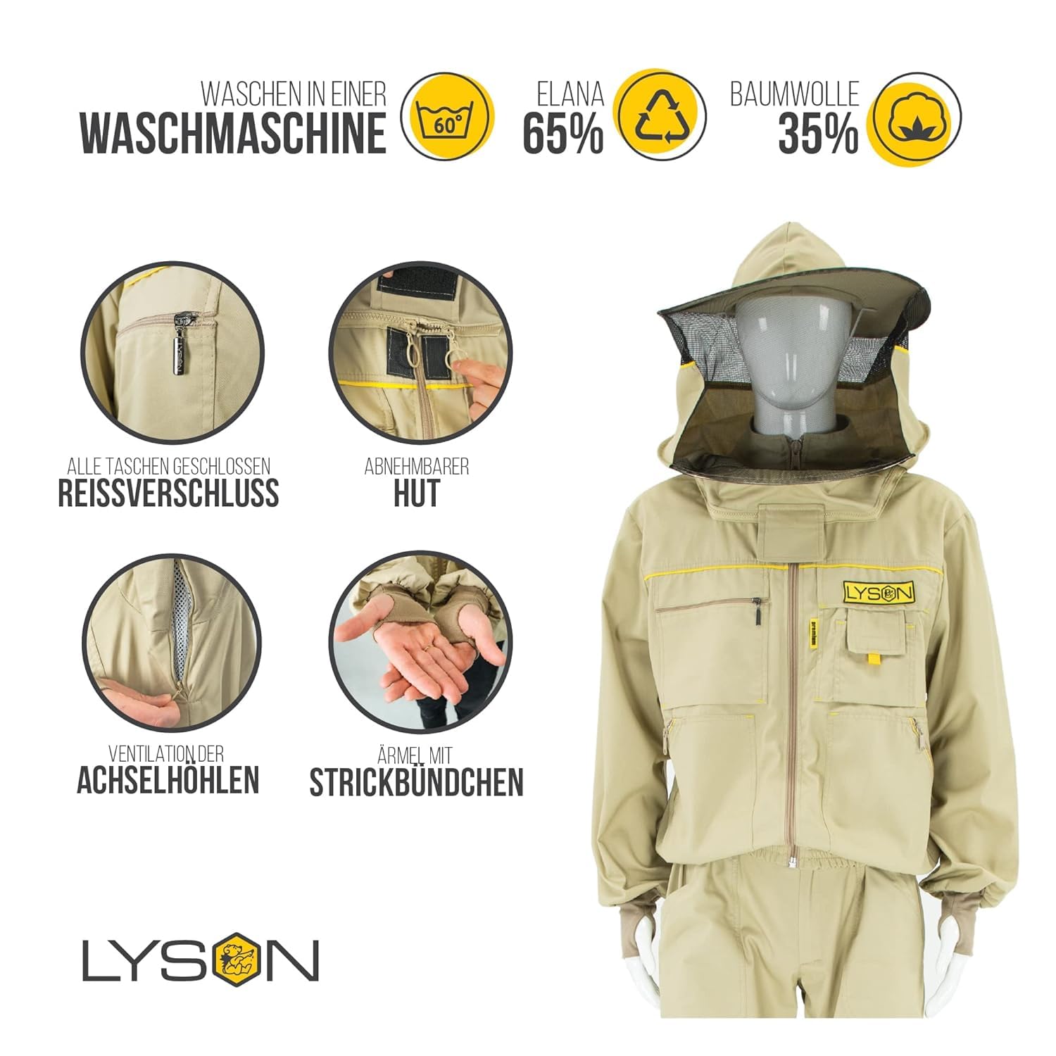LYSON Imkerbluse mit abnehmbarem Hut/Imkerjacke mit Handstulpen mit Daumenloch Unisex Imkerbluse belüftet Professionelle Imkerbekleidung Imkerjacke mit Reißverschluss PREMIUM (L, Beige) - Image 2
