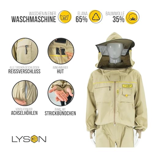 LYSON Imkerbluse mit abnehmbarem Hut/Imkerjacke mit Handstulpen mit Daumenloch Unisex Imkerbluse belüftet Professionelle Imkerbekleidung Imkerjacke mit Reißverschluss PREMIUM (L, Beige) - Image 3