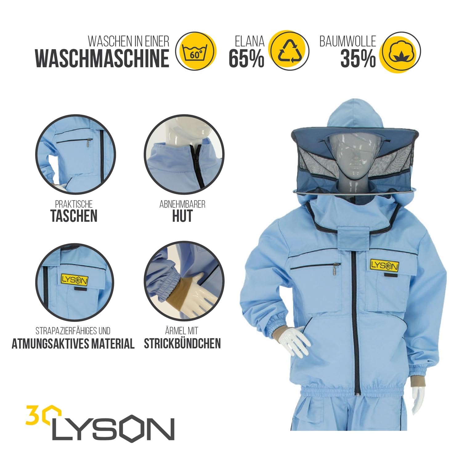LYSON Imkerjacke mit Hut Imkerbluse Schutz vor Mücken und Insekten sportlicher Style – Imkerbekleidung Schutz vor Bienen Insekten Imkereibedarf Blau Größe M - Image 2