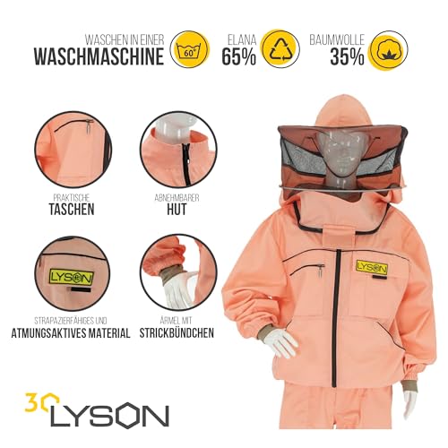 LYSON Imkerjacke mit Hut Imkerbluse Schutz vor Mücken und Insekten sportlicher Style – Imkerbekleidung Schutz vor Bienen Insekten Imkereibedarf Lachsfarbe Größe L - Image 3