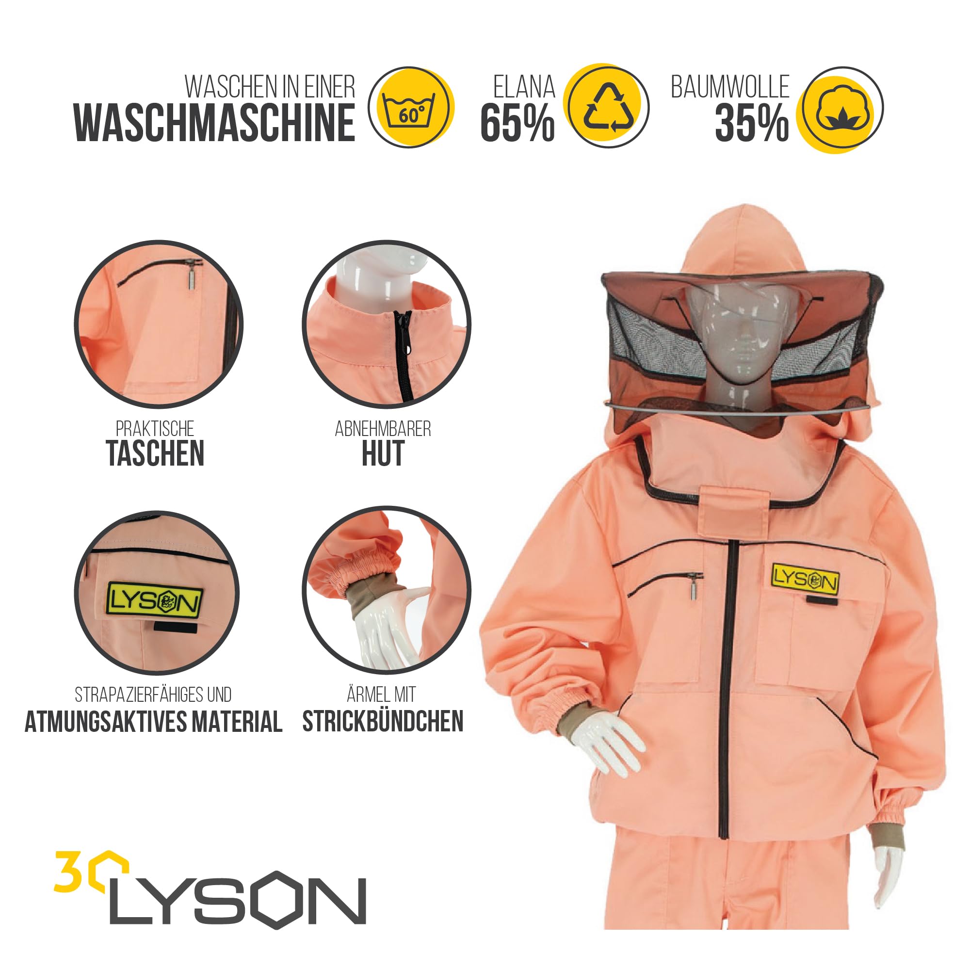 LYSON Imkerjacke mit Hut Imkerbluse Schutz vor Mücken und Insekten sportlicher Style – Imkerbekleidung Schutz vor Bienen Insekten Imkereibedarf Lachsfarbe Größe M - Image 2