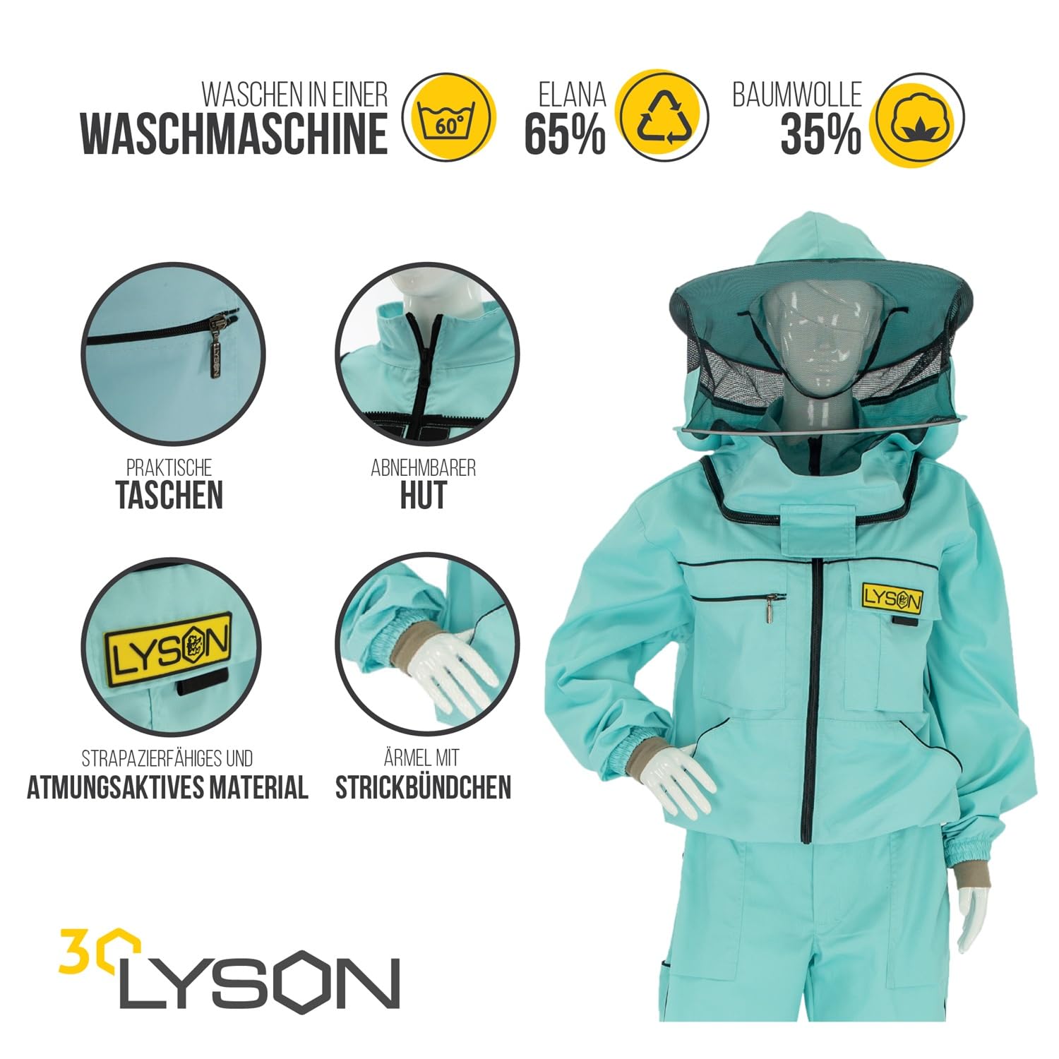 LYSON Imkerjacke mit Hut Imkerbluse Schutz vor Mücken und Insekten sportlicher Style – Imkerbekleidung Schutz vor Bienen Insekten Imkereibedarf Türkis Größe XS - Image 2