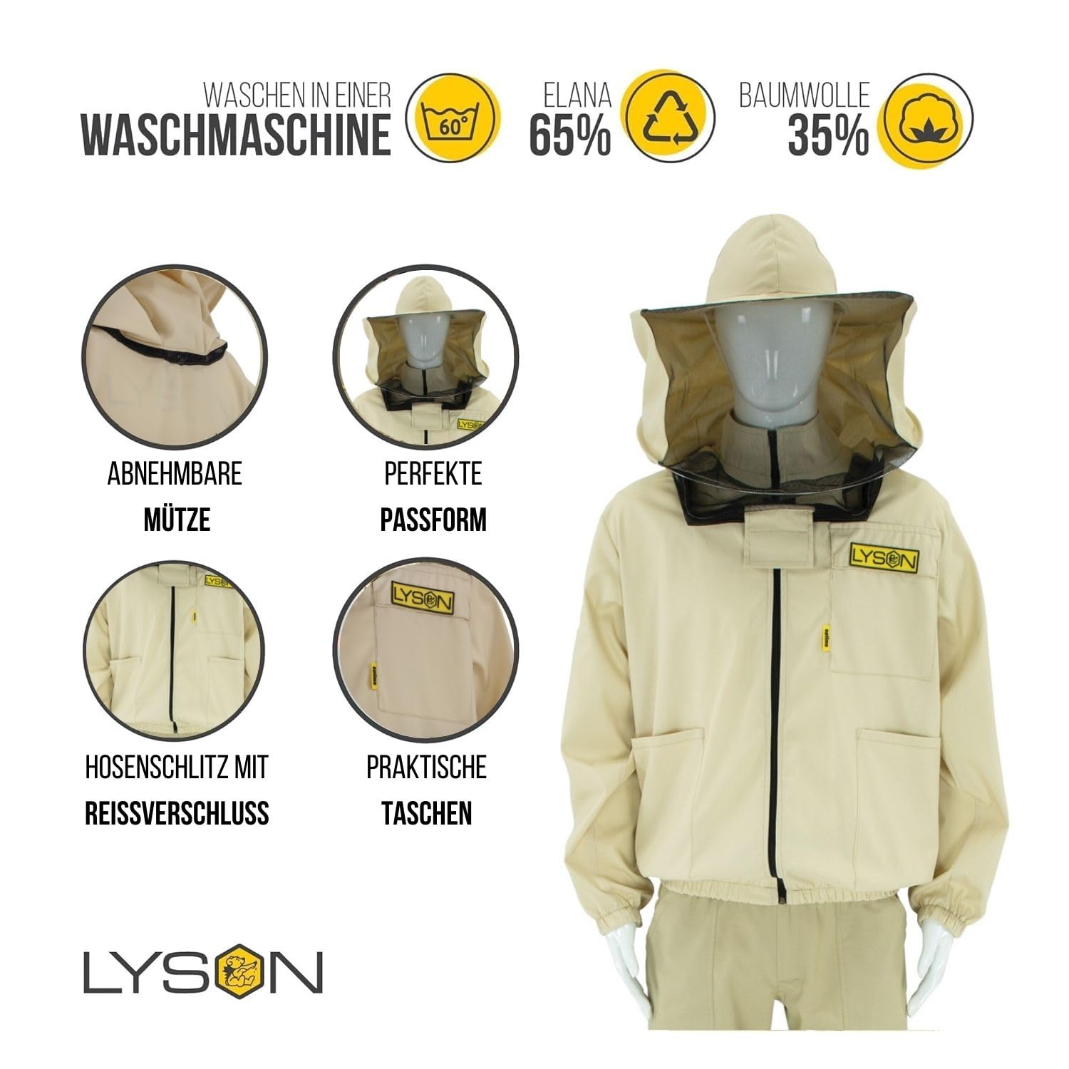 LYSON Imkerjacke mit abnehmbarem Hut, Imkerbluse mit Schleier, Schutzhemd für Imker Beekeeping Jacket Schutz gegen Bienen Insekten Imkerbekleidung Grösse L Imkereibedarf Imkerzubehör - Image 4