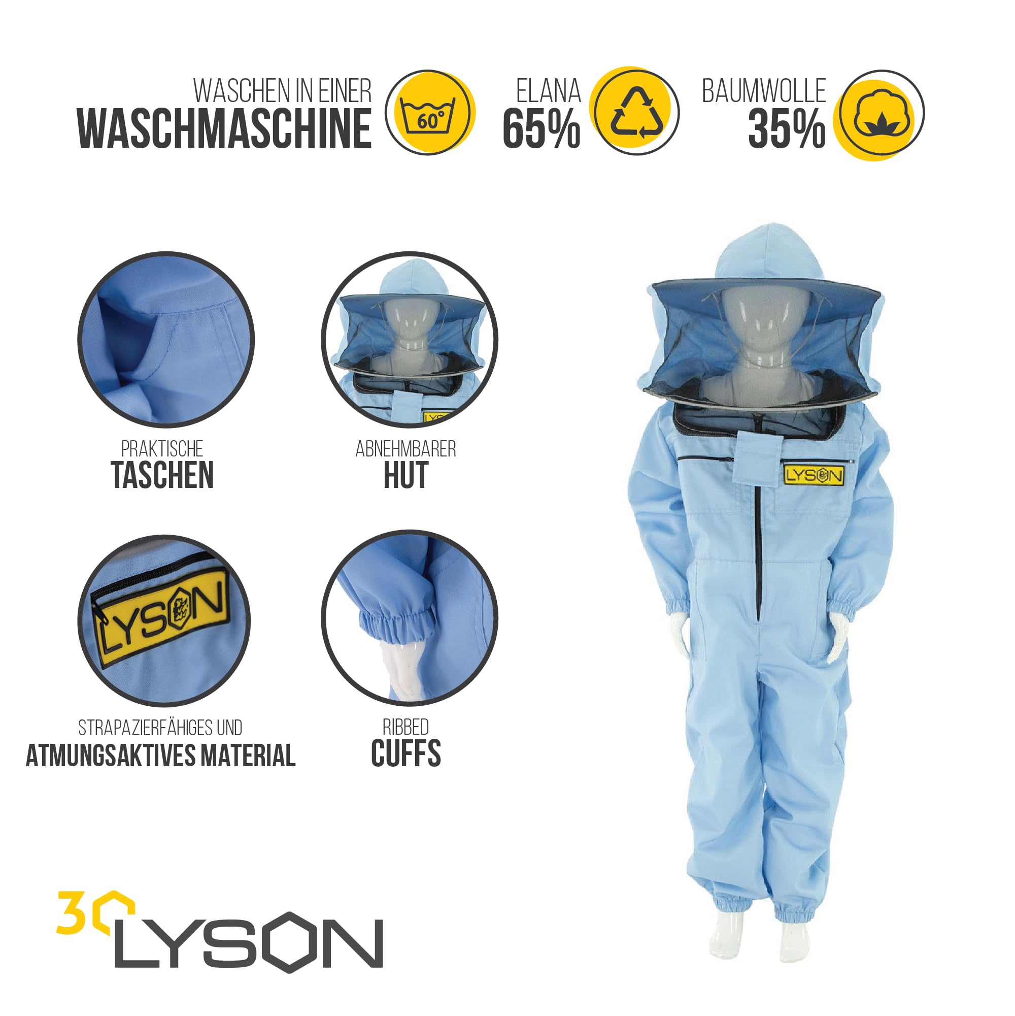 LYSON Kinderanzug mit abnehmbaren Hut Kinderoverall mit Schleier Kinderimkeranzug Schutzkleidung für Kinder, Imker Anzug Imkeranzug Schutz vor Bienen Blau Grösse 146 - Image 2