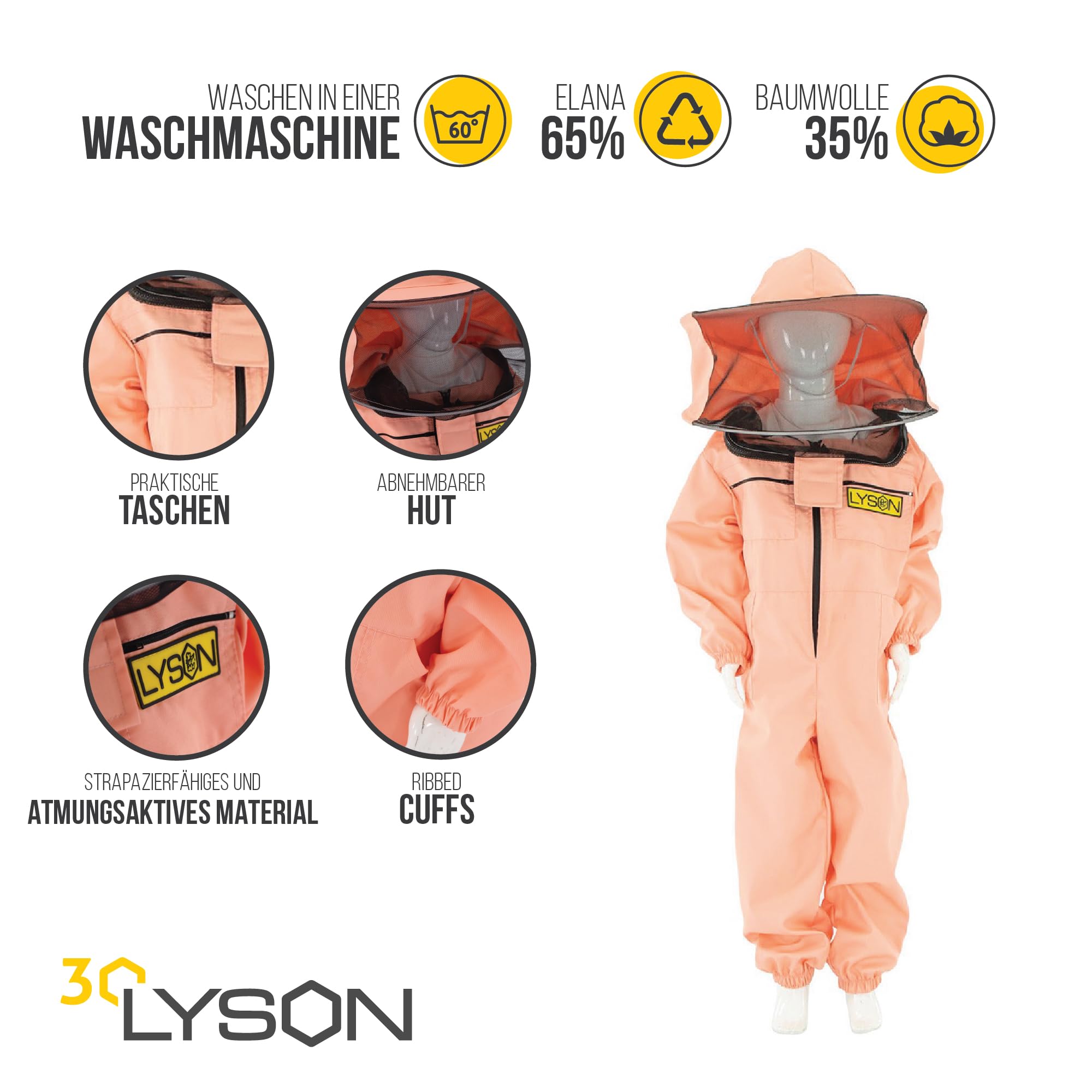 LYSON Kinderanzug mit abnehmbaren Hut Kinderoverall mit Schleier Kinderimkeranzug Schutzkleidung für Kinder, Imker Anzug Imkeranzug Schutz vor Bienen Lachsfarbe Grösse 152 - Image 2