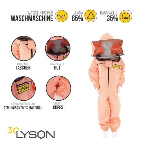 LYSON Kinderanzug mit abnehmbaren Hut Kinderoverall mit Schleier Kinderimkeranzug Schutzkleidung für Kinder, Imker Anzug Imkeranzug Schutz vor Bienen Lachsfarbe Grösse 152 - Image 4