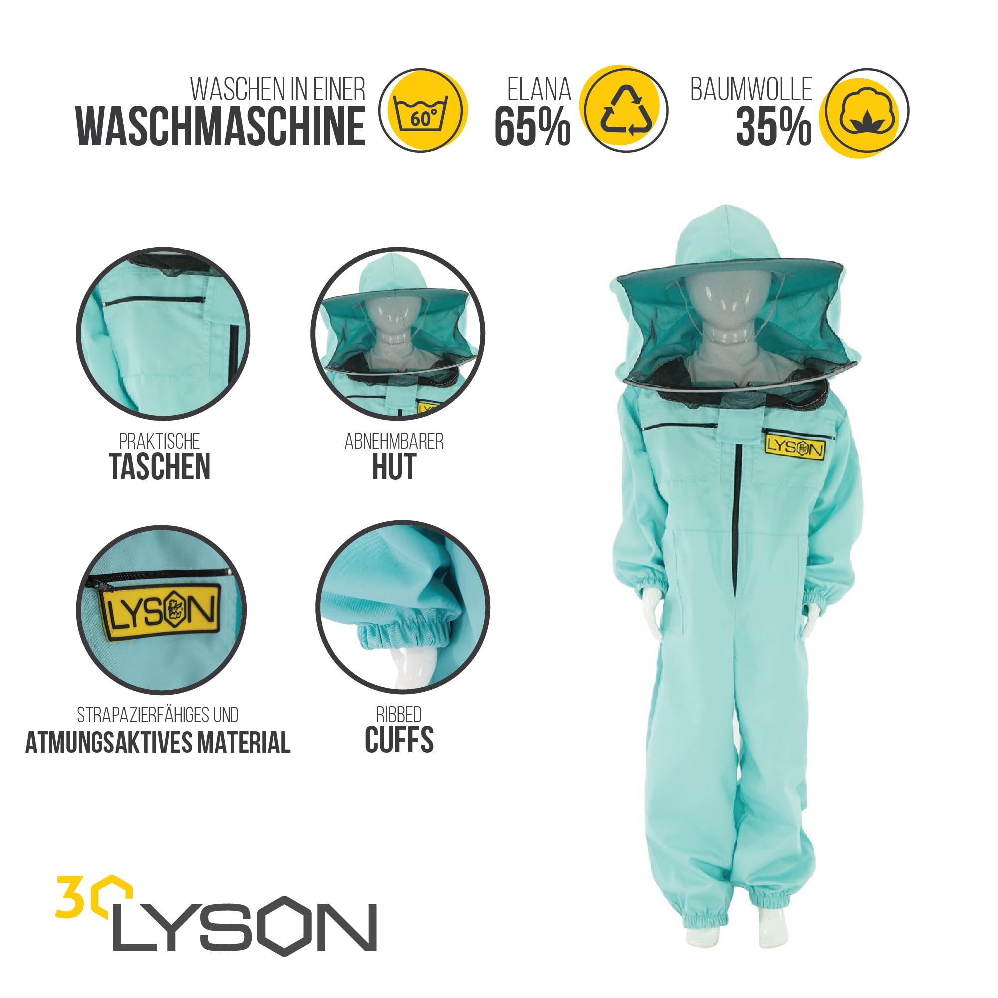 LYSON Kinderanzug mit abnehmbaren Hut Kinderoverall mit Schleier Kinderimkeranzug Schutzkleidung für Kinder, Imker Anzug Imkeranzug Schutz vor Bienen Türkis Grösse 152 - Image 2
