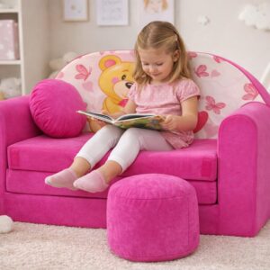 Pro Cosmo umwandelbares Kindersofa – perfekt zum Spielen und Schlafen – mit Abnehmbarer Matratze, Kissen und Pouf – 98x168x59 cm – leicht und einfach zusammenklappbar - H3 Rosa - Teddybär mit Herz