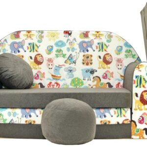 Pro Cosmo umwandelbares Kindersofa – perfekt zum Spielen und Schlafen – mit Abnehmbarer Matratze, Kissen und Pouf – 98x168x59 cm – leicht und einfach zusammenklappbar - A5 Grau - Dschungeltiere