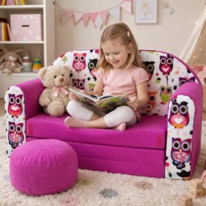 Pro Cosmo umwandelbares Kindersofa – perfekt zum Spielen und Schlafen – mit Abnehmbarer Matratze, Kissen und Pouf – 98x168x59 cm – leicht und einfach zusammenklappbar - H17 Rosa - Eulen