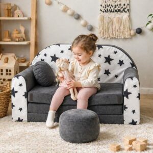 Pro Cosmo Kindersofa Bettfunktion 3in1 Sofa + Gratis Polsterhocker und Kissen Kindermöbel Set - AC1 Grau Sterne 168 x 98 x 59cm
