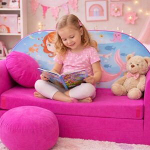 Pro Cosmo Kindersofa Bettfunktion 3in1 Sofa + Gratis Polsterhocker und Kissen Kindermöbel Set - H4 Rosa - Meerjungfrau