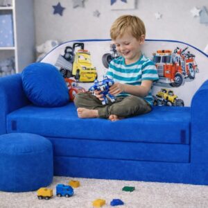 Pro Cosmo umwandelbares Kindersofa – perfekt zum Spielen und Schlafen – mit Abnehmbarer Matratze, Kissen und Pouf – 98x168x59 cm – leicht und einfach zusammenklappbar - C14 Blau - LKWs