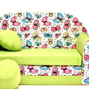Pro Cosmo Z36 Kinder Schlafsofa Futon mit Pouff/Fußhocker/Kissen, Stoff, Grün, 168 x 98 x 60 cm