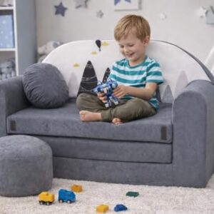 Pro Cosmo umwandelbares Kindersofa – perfekt zum Spielen und Schlafen – mit Abnehmbarer Matratze, Kissen und Pouf – 98 x 168 x 59 cm – leicht und einfach zusammenklappbar – Farbe AX2 Grau, Berggipfel