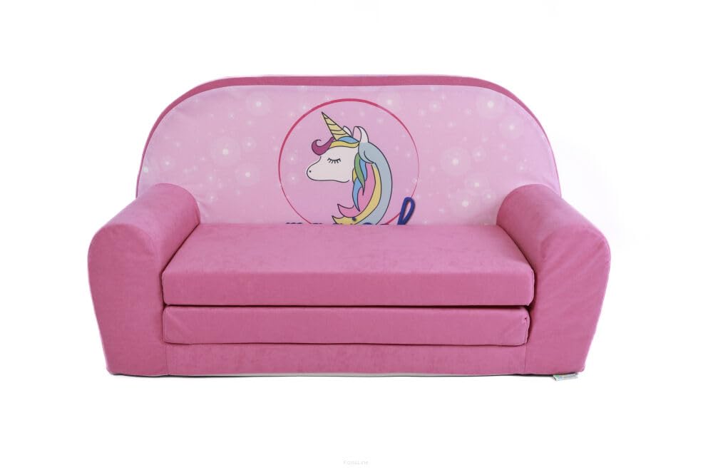 FORTISLINE Kindersofa MINI ausklappbar 78 x 40 x 45 cm - Kindercouch aus Mikrofaser mit Liegefläche 104 cm, abnehmbarem waschbarem Bezug, Oeko-TEX Standard 100, Einhorn