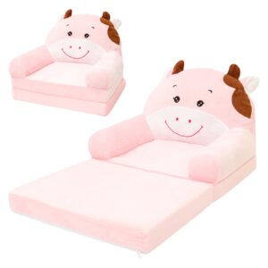 harupink Kindersofa Ausklappbar 2 in 1 Spielsofa für Kinder,Kindersessel mit Schlaffunktion,Weich & Robust Mini Couch,Umwandelbares Liegestuhl zum Spielsofa Kinder Sessel ab 1 Jahren(Rosa Kuh)