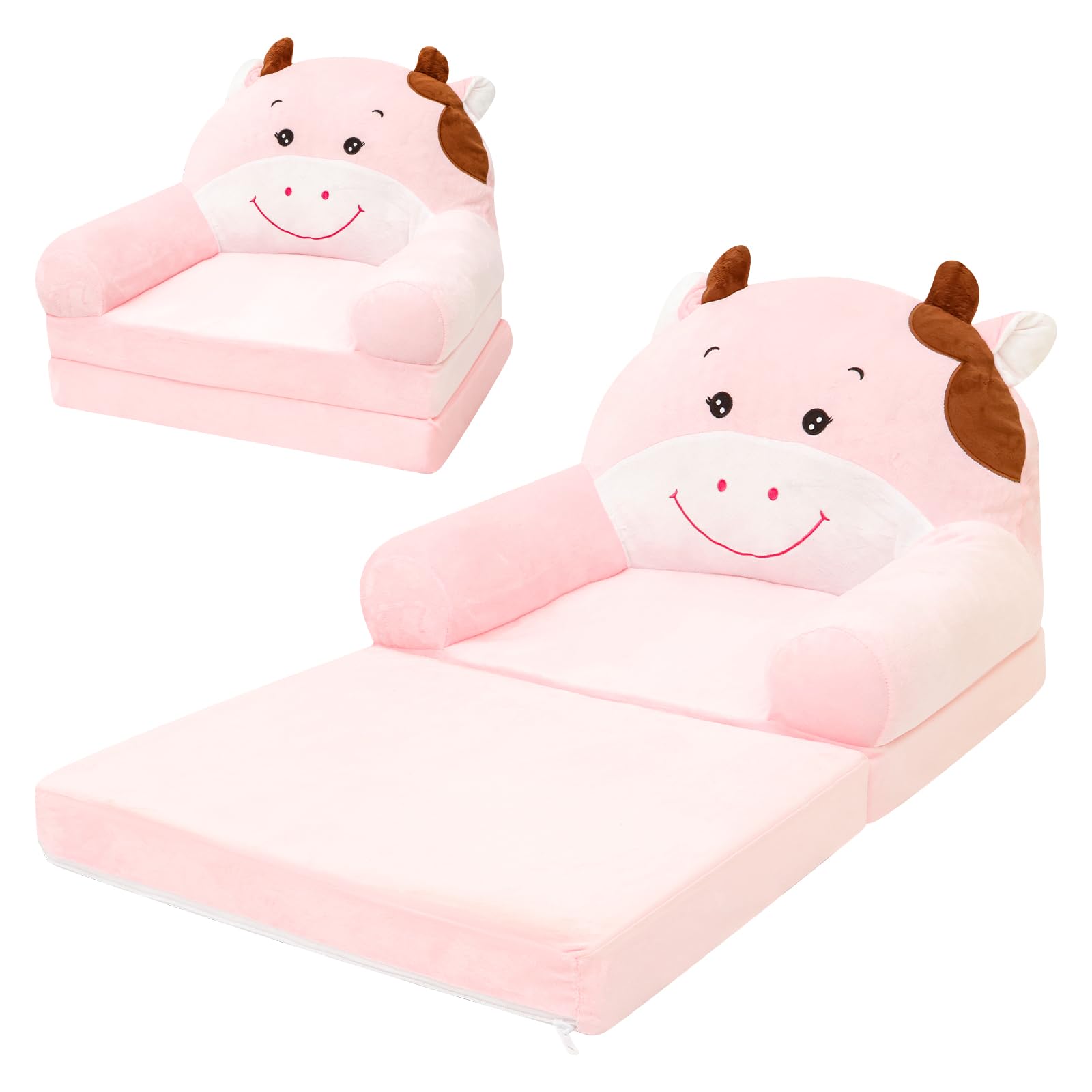 harupink Kindersofa Ausklappbar 2 in 1 Spielsofa für Kinder,Kindersessel mit Schlaffunktion,Weich & Robust Mini Couch,Umwandelbares Liegestuhl zum Spielsofa Kinder Sessel ab 1 Jahren(Rosa Kuh)