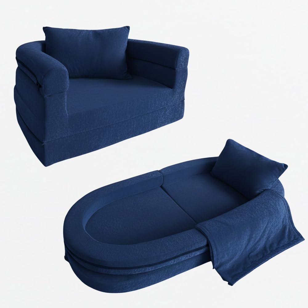 Wonder Space Vor-montiertes Kinder Schaumsofa mit Decke & Kissen, Kleinkind 3-in-1 Konvertierbares Sofa, Innen Zusammenklappbarer Lounger Stuhl & Klappbares Bodenbett für Jungen & Mädchen (Marine)