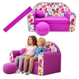 TUPPI Kindersofa mit Schlaffunktion 168x98 cm - Kindersofa Ausklappbar - Kinder Sofa für Kinderzimmer - Samtweicher Velours - 4-teilig inkl. Kissen & Puff