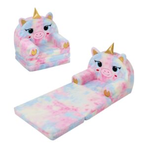 decalsweet Kindersofa Ausklappbar,2-in-1 Kinder Couch mit Schlaffunktion,Plüsch Mini Sofa für Kinderzimmer Schlafzimmer Spielzimmer,Geburtstagsgeschenk für Mädchen und Jungen,Einhorn