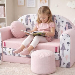 Pro Cosmo umwandelbares Kindersofa – perfekt zum Spielen und Schlafen – mit Abnehmbarer Matratze, Kissen und Pouf – 98x168x59 cm – leicht und einfach zusammenklappbar - Farbe Hellrosa HX1, Igel