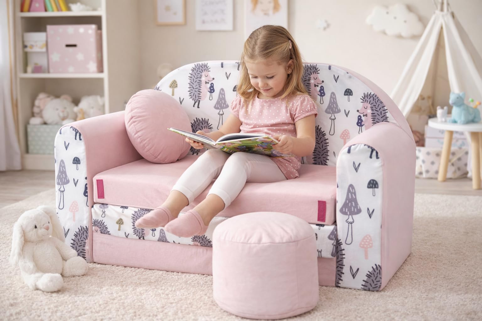 Pro Cosmo umwandelbares Kindersofa – perfekt zum Spielen und Schlafen – mit Abnehmbarer Matratze, Kissen und Pouf – 98x168x59 cm – leicht und einfach zusammenklappbar - Farbe Hellrosa HX1, Igel