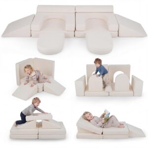 COSTWAY 10-teiliges modulares Spielsofa, Kindersofa ausklappbar mit abnehmbarem & waschbarem Bezug aus Wildleder, Schaumstoff Bausteine für Kinderzimmer, Kindercouch für Kinder ab 3 Jahren (Beige)