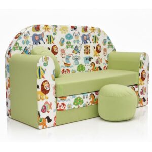 All4All Kindersofa Klappsofa - Schlafsofa 3in1 - Velo - Spielsofa für Kinder - Sofa zum Aufklappen - mit Pouf - faltbar - zum Schlafen – Schaumstoff Sofa (Z5 Grün + Tiere)