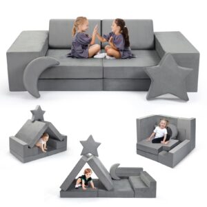 nmoiww Modulares Kinderspielsofa, 9 Schaumstoff-Bausteine ​​Kindersofa, DIY Bauen Sie mehrere Sofakombinationen, Faltbar, Stern- und Mondmodule, Geeignet für Schlafzimmer und Kinderspielzimmer (Grau)