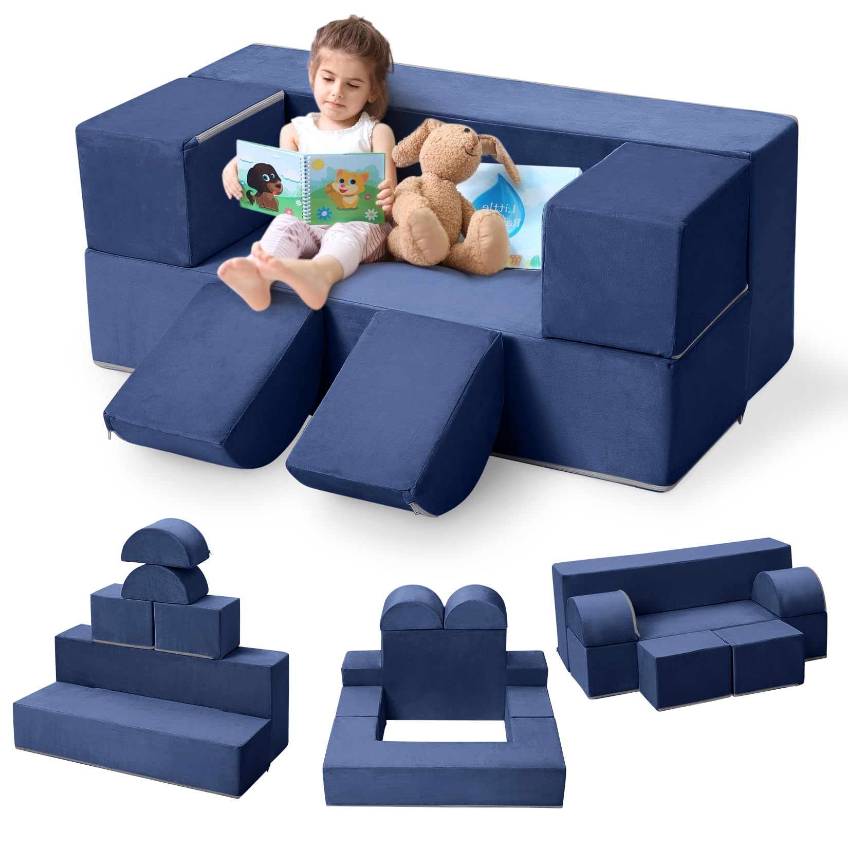 GarveeHome Multifunktionales Kindersofa-Set, 6-teiliges Spielsofa mit Modulen, Flexibel für Kreativität & Entspannung, für Wohnzimmer & Kinderzimmer, 100 x 70 x 40 cm, Blau