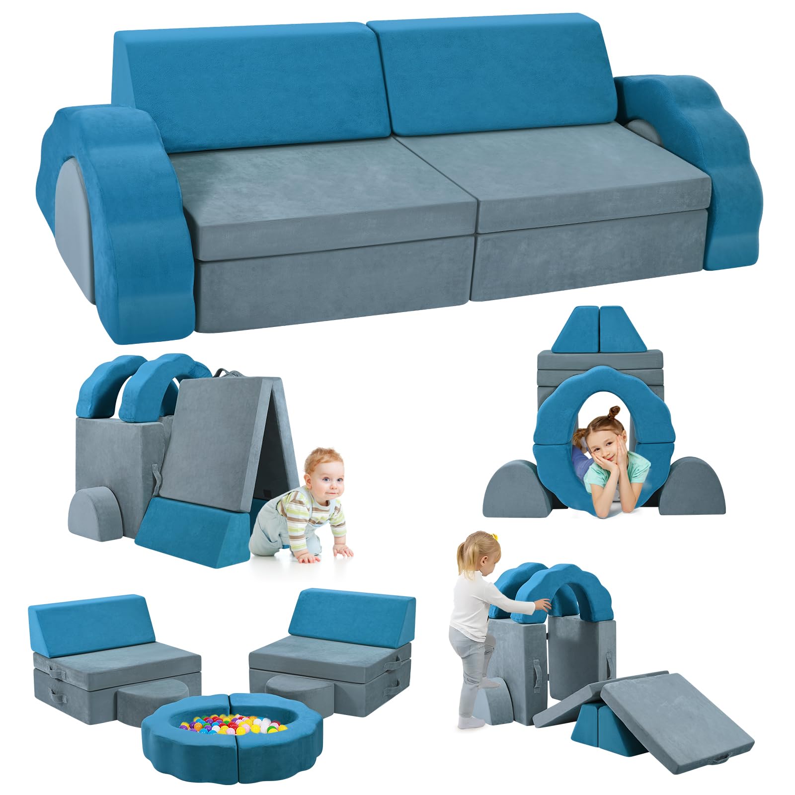 CUPCHID Kindersofa,modulare Kinderspielcouch, Kindersofa,Schlafzimmer- und Spielzimmermöbel für Kleinkinder, umwandelbares Schaumstoff (10er Set - grau-blau)
