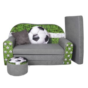 FORTISLINE Kindersofa XXL 2-Sitzer ausklappbar mit Hocker, Kissen und Verlängerung - Kinderzimmer Sofa mit Liegefläche bis 160 cm, Oeko-TEX Standard 100, hergestellt in der EU, Fußballmotiv