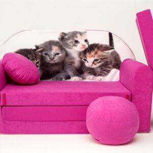 Pro Cosmo umwandelbares Kindersofa – perfekt zum Spielen und Schlafen – mit Abnehmbarer Matratze, Kissen und Pouf – 98 x 168 x 59 cm – leicht und einfach zusammenklappbar – Farbe H6 Rosa - Kätzchen