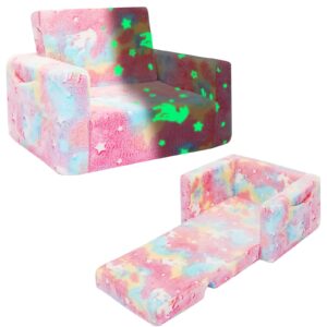 SLIGUY Kleinkind-Couch, ausklappbares Kinder-Sofa, Kleinkind-Sofa zu Liege, ausziehbar, leuchtet im Dunkeln, Geschenke für Jungen und Mädchen (rosa Einhorn)