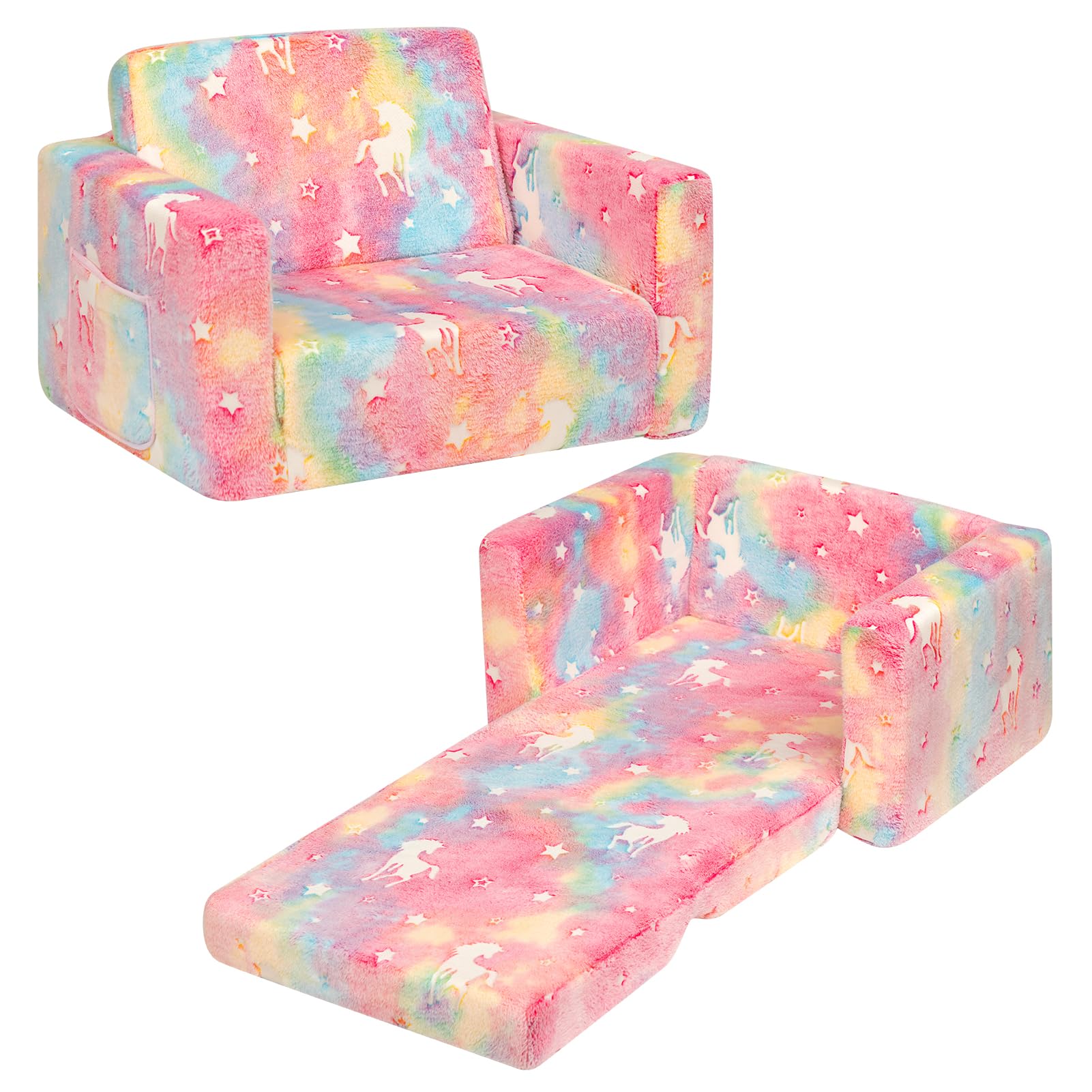 BEJOY Kindersofa Aufklappen 2 in 1 Schlafsofa, Kindersessel, Flanell Kinder Couch Ausklappbar für Kinderzimmer Kindertags- und Geburtstagsgeschenk für Mädchen und Jungen - Zuckerwatte mit Einhörnern