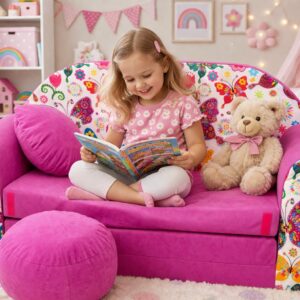 Pro Cosmo Kinder 3in1 Sofa Bett mit Hocker, 2-Sitzer Kindersofa Ausklappbar, Spielsofa mit Matratze, Waschbarer Bezug, Oeko-TEX, M33 Schmetterling