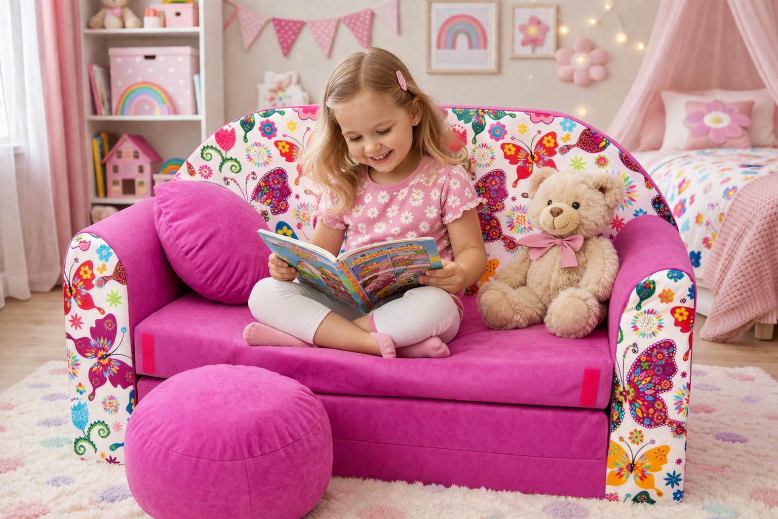 Pro Cosmo Kinder 3in1 Sofa Bett mit Hocker, 2-Sitzer Kindersofa Ausklappbar, Spielsofa mit Matratze, Waschbarer Bezug, Oeko-TEX, M33 Schmetterling