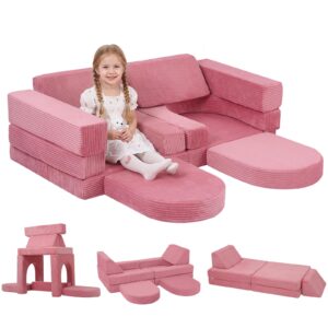 MeMoreCool Fancy Spielsofa für Kinder Cord– 10-teilige modulare Kindercouch Kindersofa Cord für das Spielzimmer, umwandelbare Kleinkindersitzgruppe, Schaumstoff Bausteine für Kinderzimmer, Rosa