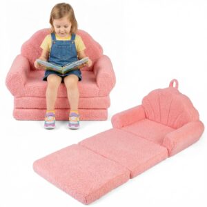 COSTWAY 2 in 1 Kindersofa ausklappbar in Muschelform, Kindercouch mit Schlaffunktion, Kindersesel gepolstert mit abnehmbarem Bezug, Spielsofa Kinderzimmer für Jungen & Mädchen ab 3 Jahren (Rosa)