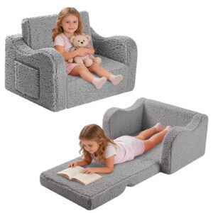 CAIEJSAEN 2-in-1 Kindersofa, Ausklappbar, Abnehmbarer Bezug, Weiche Kindercouch, Mini Kinder Couch,Umwandelbar in Kinderbett oder Liege (Grau)