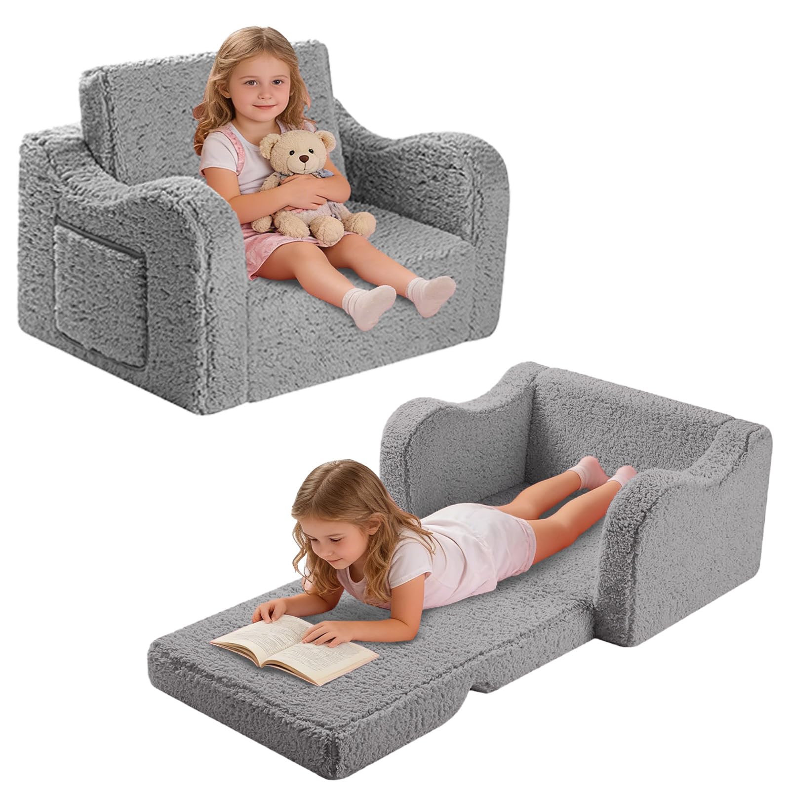 CAIEJSAEN 2-in-1 Kindersofa, Ausklappbar, Abnehmbarer Bezug, Weiche Kindercouch, Mini Kinder Couch,Umwandelbar in Kinderbett oder Liege (Grau)