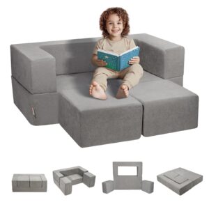 VEVOR Spielsofa Kindersofa aus Chenille-Stoff Bausteine 4-teilig, Kinderspielsofa mit abnehmbarem Bezug 90 kg belastbar, umwandelbares Kindersofa Spielzimmermöbel zum Schlafen Lesen Dunkelgrau
