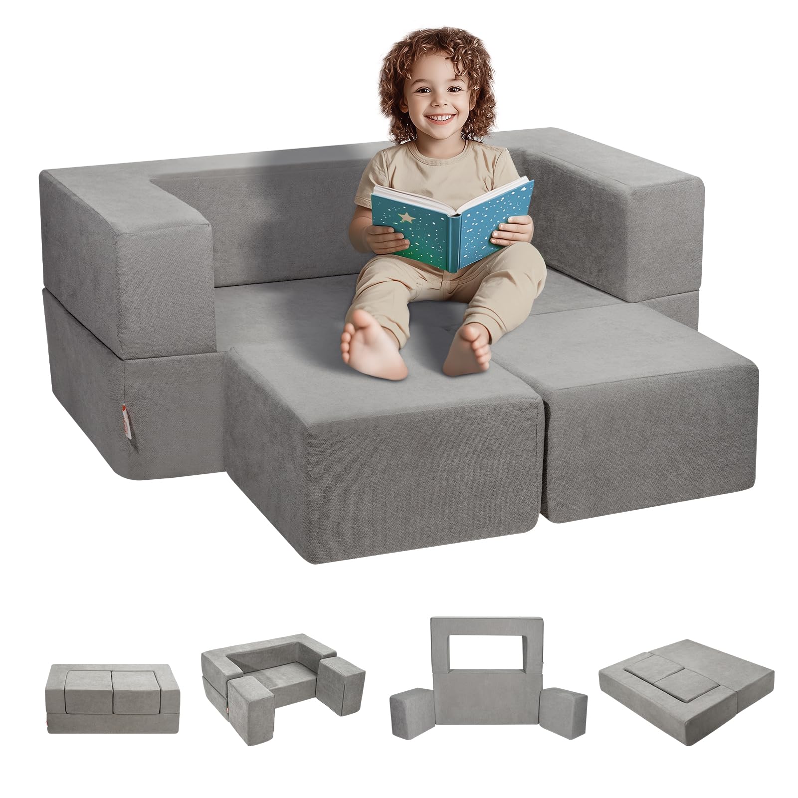 VEVOR Spielsofa Kindersofa aus Chenille-Stoff Bausteine 4-teilig, Kinderspielsofa mit abnehmbarem Bezug 90 kg belastbar, umwandelbares Kindersofa Spielzimmermöbel zum Schlafen Lesen Dunkelgrau