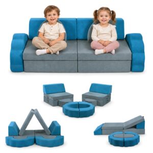 Krovtoy 10-teiliges Modulares Spielsofa Grau-Blau, DIY Kindercouch mit Blumenform & Leuchteffekt, Waschbarer Bezug, Umwandelbar zum Spielen & Entspannen für Kinderzimmer