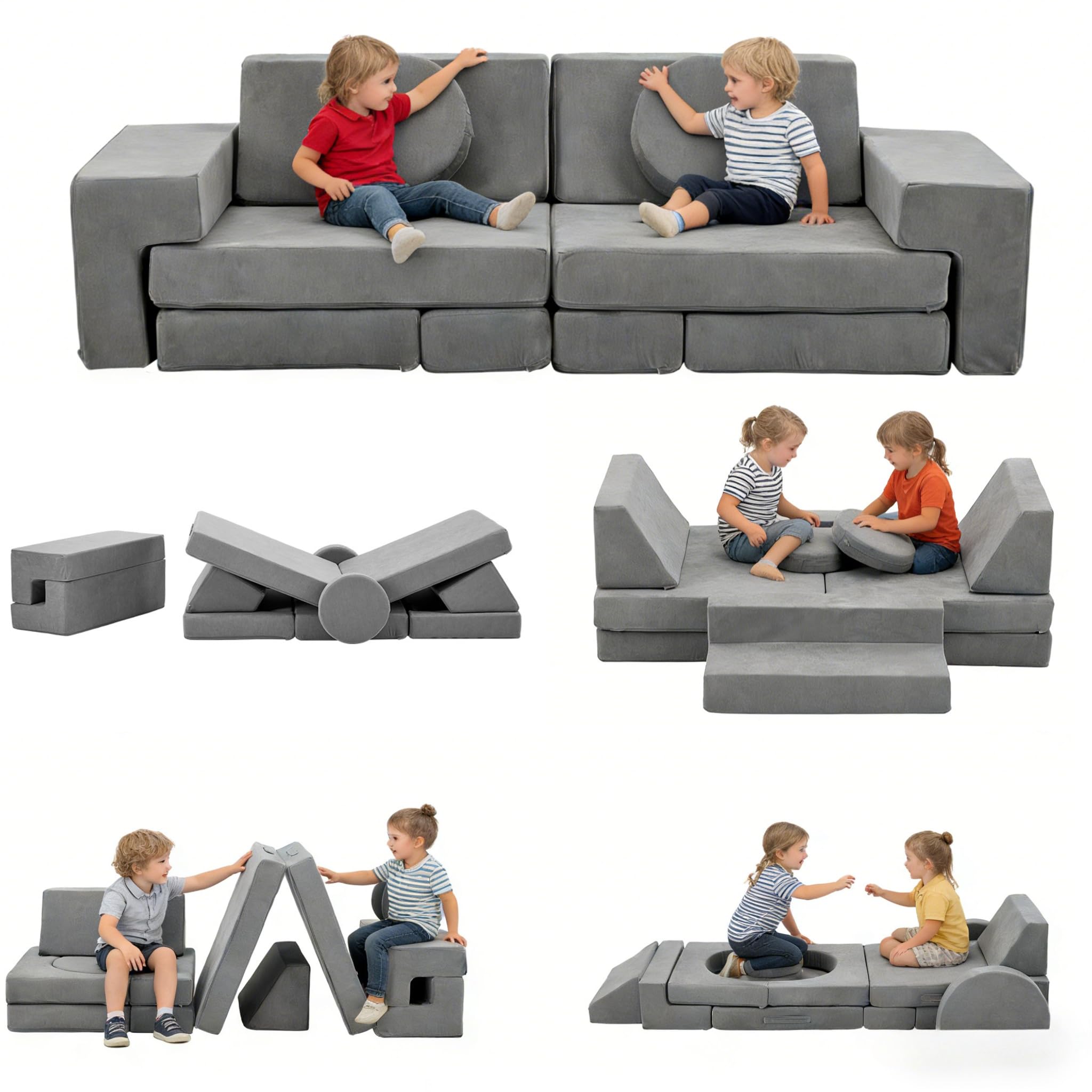 LALAHO Kindersofa Spielsofa für Kinder aus Kordsamt Cord,Klappbar Schaumstoff Bausteine kindercouch & Kindersessel,Vielseitige über Frei Baubare DIY,für Kinder für Spielzimmer,Schlafzimmer Möbel(Grau)